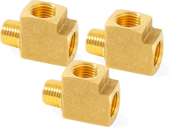 ChillWaves Brass Pipe Fitting, Barstock Male Run Tee 1/8" NPT Female x 1/8" NPT Female x 1/8" NPT Male Thread Adapter(3-PACK)