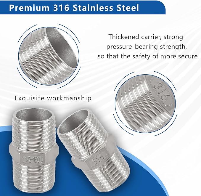 1/2" Male to 1/2" Male Hex Nipple Adapter, 316 Stainless Steel 1/2 Inch NPT Threaded Pipe Fitting, Heavy Duty Coupling for Plumbing Systems, Oil, Gas & Steam (2-Pack)
