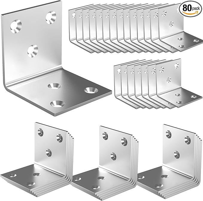 80Pcs Stainless Steel Angle Bracket, 2"x2"x2" Heavy Duty L Brackets for Wood, 50MM 2Inch Wide Corner Brackets Metal Corner Brace 90Degree L Shape Bracket for Wooden Frame Bed Furniture Bookshelf