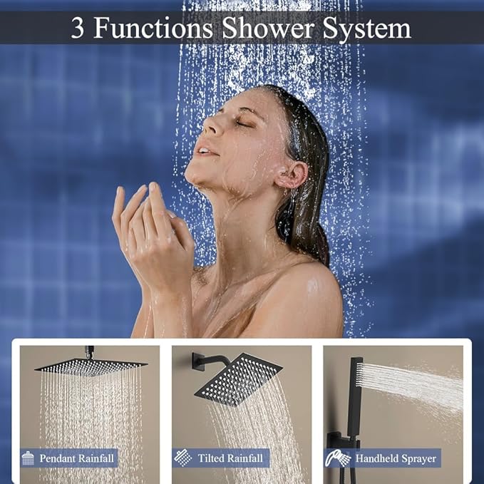 Matte Black Shower System, Knob Switch Diverter Shower Faucet Set with High Pressure Handheld Spray, Ceiling Mount 10 Inch Shower Head with 6 Inch Wall Mount Shower Head