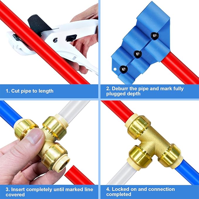 Pushfit Plumbing Fittings 1/2 Inch,Brass Push Fittings 1/2 Inch for Pex,Copper,CPVC,12PCS Coupling,10PCS Elbow,4PCS Tee Fitting,2PCS End Cap, Pack of 28 with Pipe Cutter,Deburring Tool,Disconnect Clip