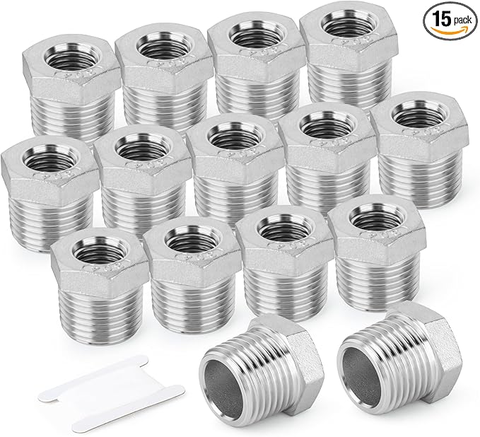 TAISHER 15PCS 304 Stainless Steel Reducer Hex Bushing, 1/2" NPT Male x 3/8" NPT Female, Reducing Pipe Adapter Fitting