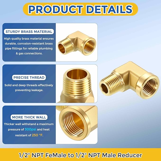 2 Pack Brass Pipe Fittings, 90 Degree 1/8" NPT FeMale to 1/8" NPT Male Barstock Street Elbow, Forged Pipe Fitting Connector for Air, Oil, LP