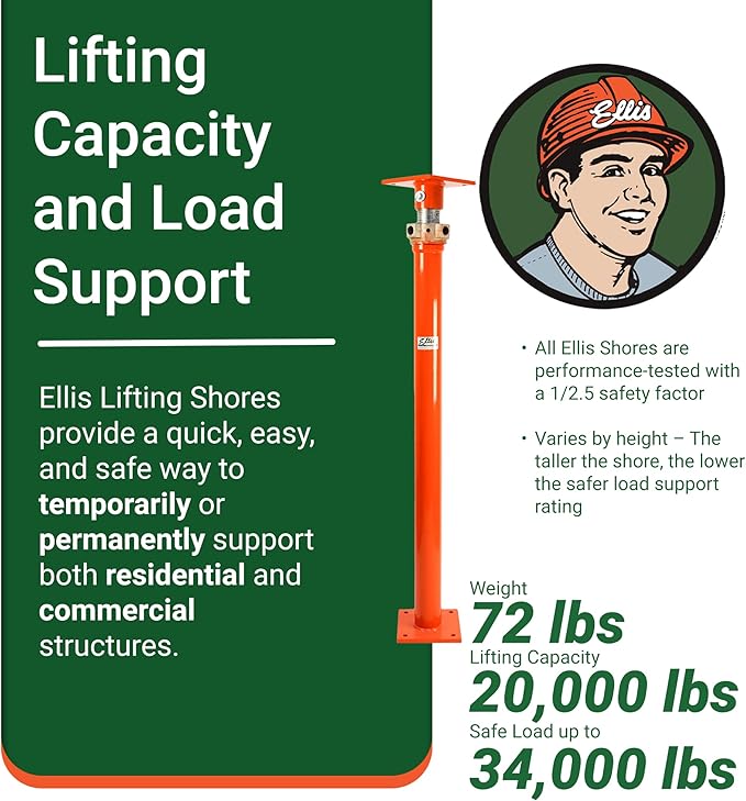 ELLIS Heavy-Duty Adjustable Steel Shore – Permanent or Temporary Floor Support for Beams, Concrete, and Structural Repairs – 34,000 lb Safe Load Capacity – 55"-80" Adjustment