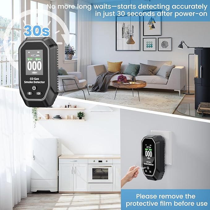 6-in-1 Portable Carbon Monoxide Detectors Plug in, MODOFO TOOL Smoke and Carbon Monoxide Detector with Built-in Battery, Natural Gas Leak Detector, HD Display for CO Gas Smoke Temp Humidity Black 2Pcs