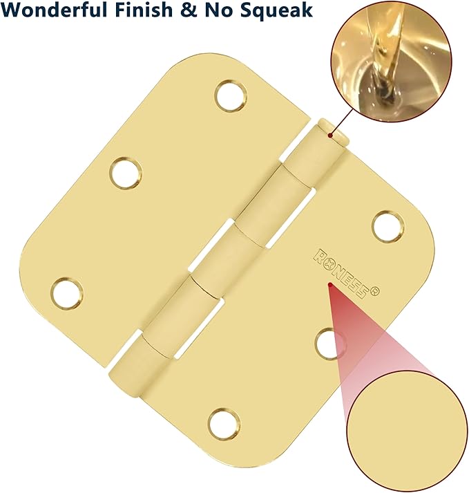 9 Pack Polished Gold Door Hinges 3.5 Inch, 5/8" Radius Rounded, Standard Residential for Doors 3 ½",Sturdy Hinges, Interior Hinges