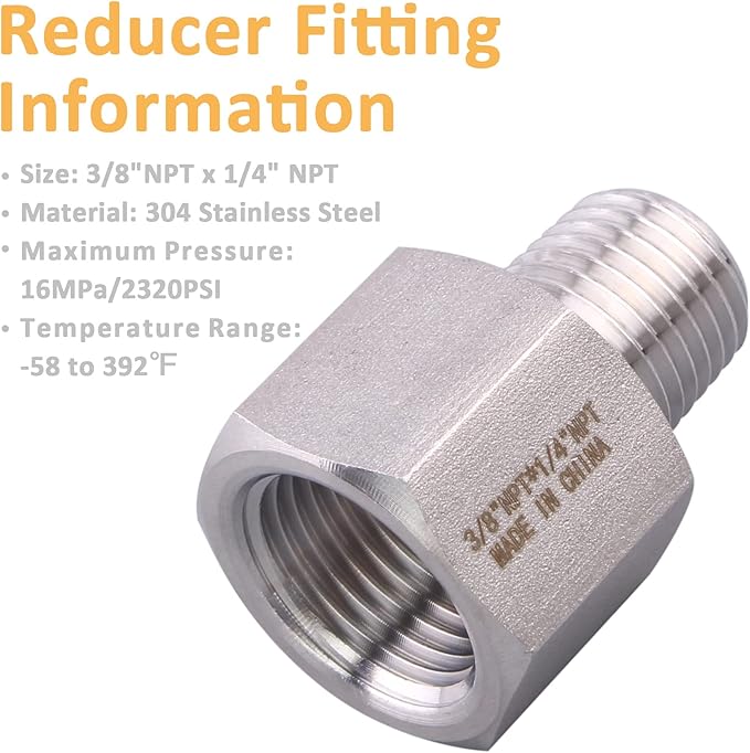 Forged Reducer Adapter Fitting - Stainless Steel 304 Reducing Pipe Connector, 3/8" NPT Female x 1/4" NPT Male (pack of 2)