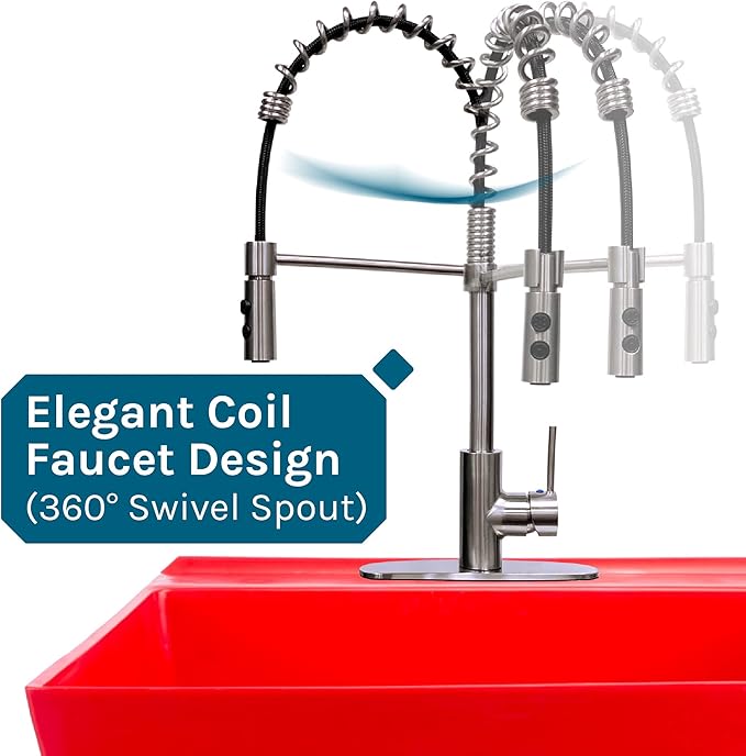 Utility Sink Extra-Deep Red Laundry Tub with High-Arc Stainless Steel Coil Pull-Down Sprayer Faucet, Integrated Supply Lines, P-Trap Kit