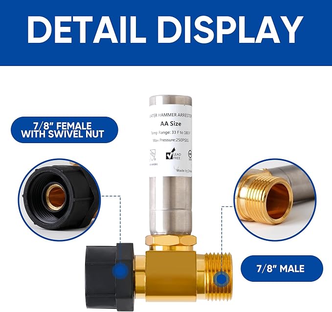 (1-Pack) SECKWHALE Stainless Steel Water Hammer Arrestor, 7/8" Female Swivel Ballcock Nut X 3/4" Male Thread, Reduce Banging Noise in Toilets and Pipes, Tee, Toilet