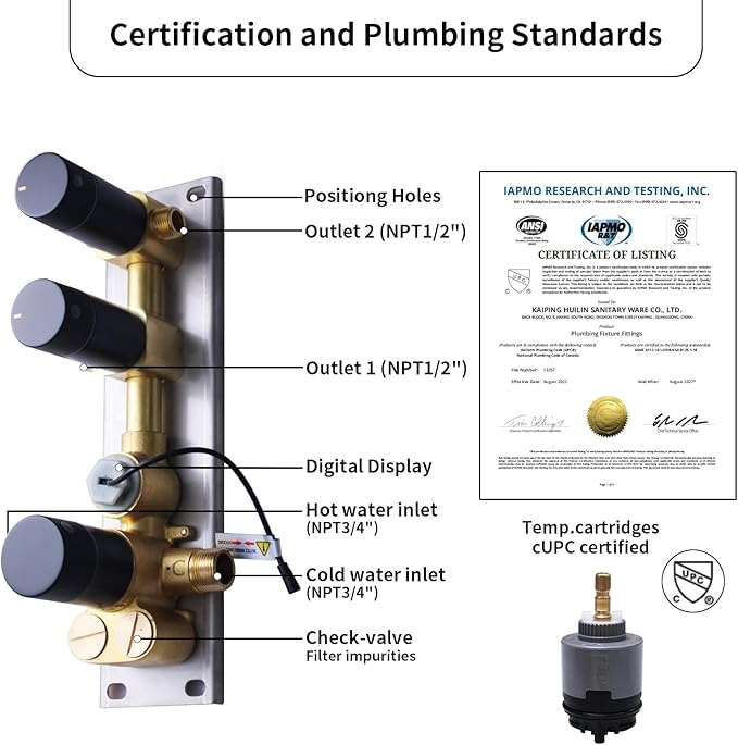 2 Way Shower Diverter Valve Brass 2 Functions Digital Temperature Display Thermostatic Shower Mixing Kit 3 Handle Flow Cotrol Valve, Can Run Simultaneously (Matte Black)