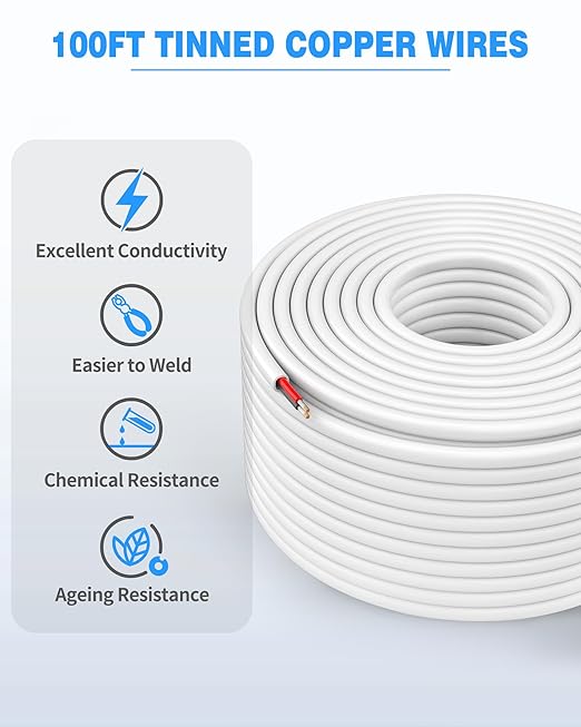 NAOVEO 18 Gauge Wire 2 Conductor Electrical Wire, 18 AWG Stranded PVC Tinned Copper Cable, Flexible/Low Voltage Automotive Wiring for LED Lamps, Marine, Speaker, Appliances (100FT)