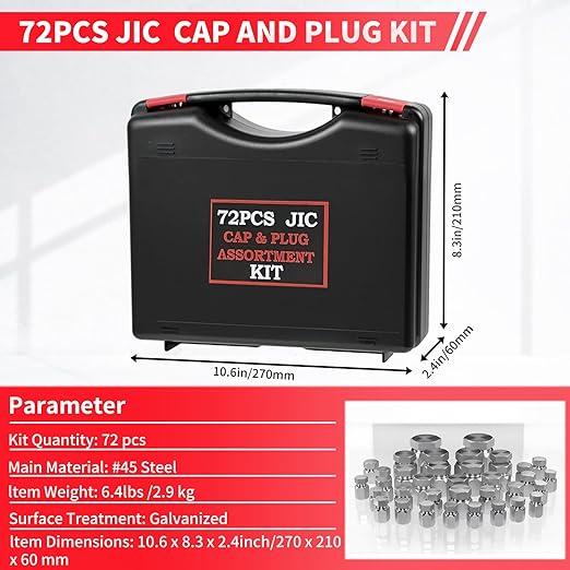 72PCS JIC Cap and Plug Set, 37 Degree Flare Thread Cap & Plug Assortment Set, Capping Off Hydraulic Lines, Carbon Steel, Size 4 6 8 10 12 16