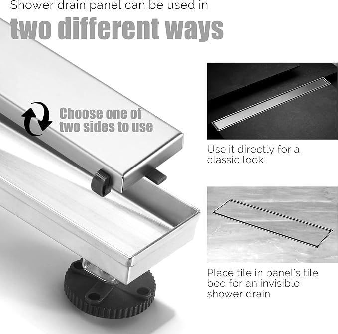 HEATGENE Linear Shower Drain 36-Inch, Stainless Steel Rectangle Shower Floor Drain with 2-in-1 Flat & Tile Insert Cover, Shower Drain with Leveling Feet & Hair Strainer, Brushed