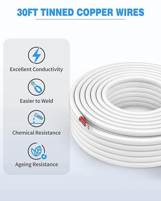 NAOVEO 12 Gauge Wire 2 Conductor Electrical Wire, 12 AWG Stranded PVC Tinned Copper Cable, Flexible/Low Voltage Automotive Wiring for LED Lamps, Marine, Speaker, Appliances (30FT)