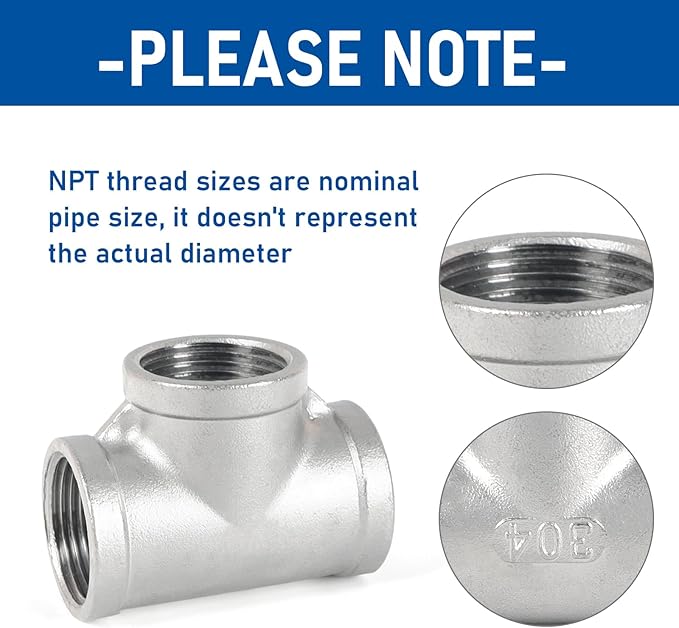 Kodilin Pipe Fittings 304 Stainless Steel Tee Pipe Fittings 1" x 1" x 1" NPT Female Thread Adapter - 4PCS