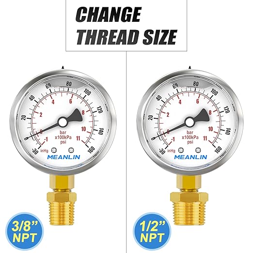 MEANLIN MEASURE -30inHG~160Psi Stainless Steel 1/4" NPT 2.5" FACE DIAL Vacuum Pressure Gauge, Lower Mount, with 1/4" x 1/2" NPT and 1/4" x 3/8" NPT Hex Bushing