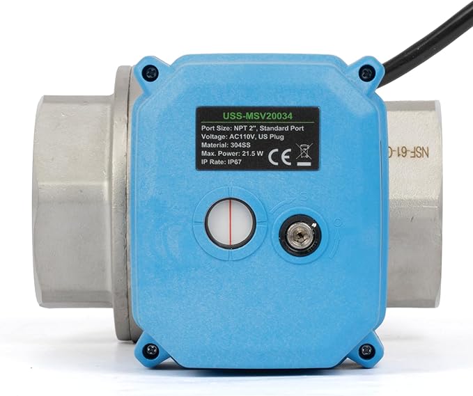 U.S. Solid 2" Motorized Ball Valve with US Plug 110VAC 304 Stainless Steel Electrical Ball Valve, Auto Return, Normally Closed, NSF Certified, IP67