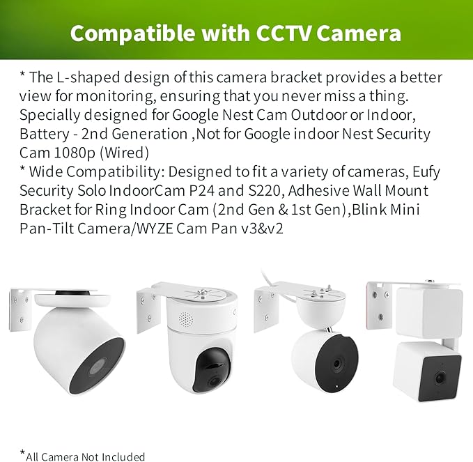 2 Pack Metal Wall Mount for Google Nest Indoor Cam 2nd Gen, Adhesive or Screw Mounting Bracket, No-Drill Shelf Holder for Better View, Durable White Camera Mount for Wall, Deck, Room