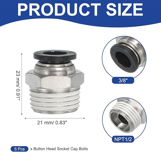 MECCANIXITY 5 Pcs NPT Push to Connect Air Fittings, Male Straight 3/8" Tube OD x 1/2" NPT Thread Air Quick Connector Coupling Adapter for Gas Hose Pneumatic Tools, Black