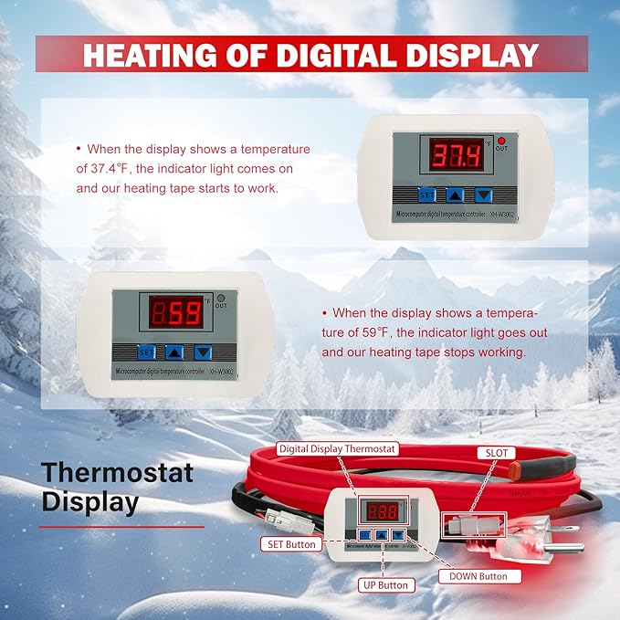 OEBLD Heat Tape for Water Pipes 40FT, Replaceable Smart Thermostat for Pipe Freeze Protection, Self-Regulating Roof Deicing Cable for Metal and Plastic Home Pipes, 110-120V