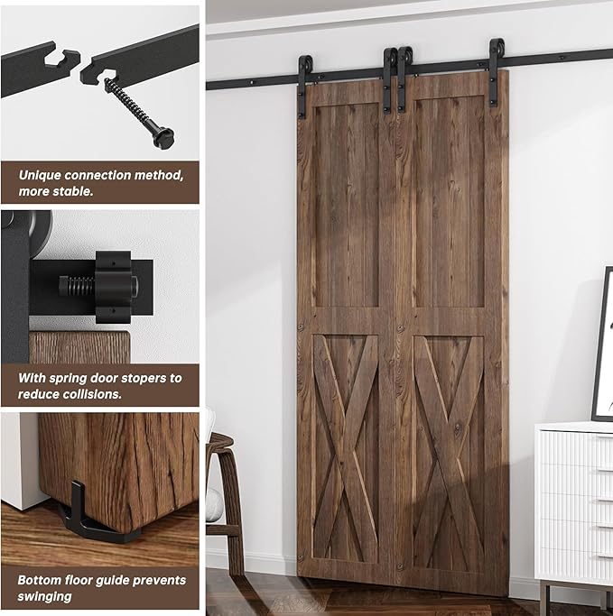 6.6FT Sliding Barn Door Hardware Kit for Double Door, Sliding Door Track, Easy to Install, Smoothly and Quietly, Fit 1.18-1.96" Thicknesses Fit Double 20" Wide Door (J Shape Hanger)