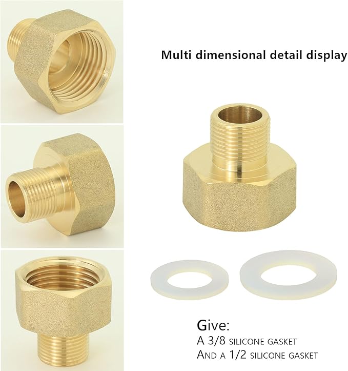 1/2 to 3/8 inch reducer faucet adapter - compressed brass pipe fittings, 3/8 "male to 1/2" female water supply pipe adapter for RV kitchen water supply pipes, compatible with 3 water pipe fittings