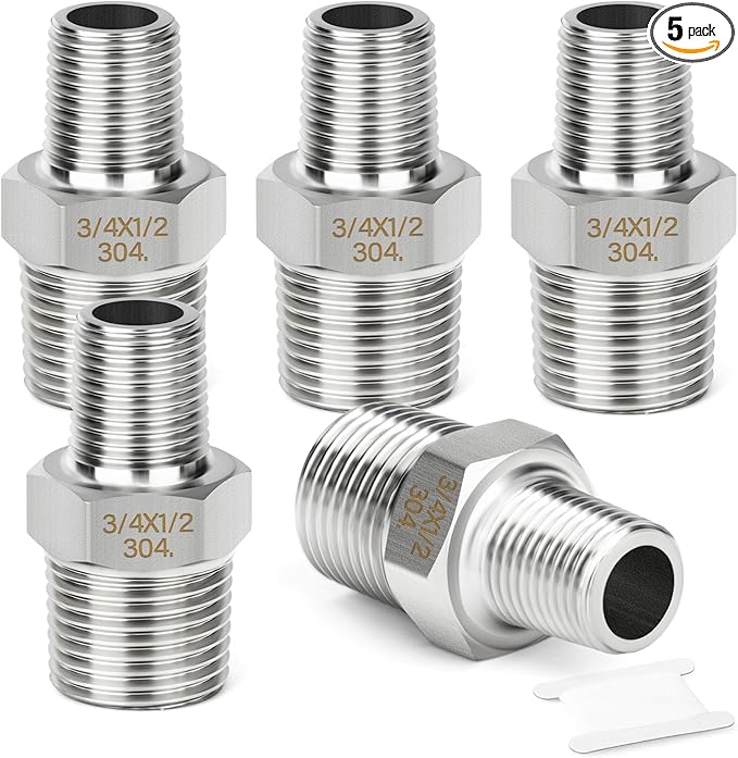 TAISHER 5PCS 304 Stainless Steel New Hex Nipple, 3/4" NPT Male x 1/2" NPT Male, Reducing Pipe Adapter Fitting