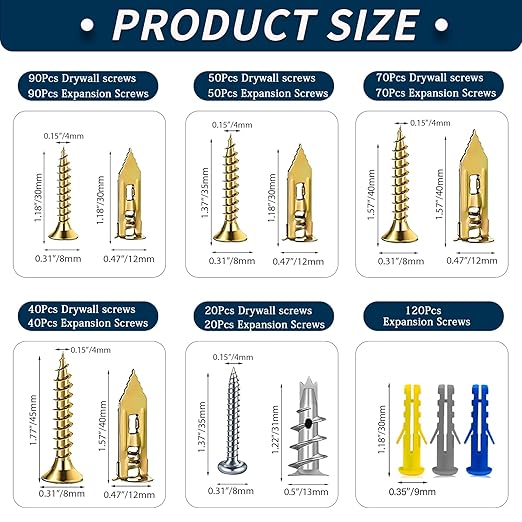 660PCS Self Drilling Drywall Anchors with Screws Kit,5-Sizes Metal Expansion Bolt for Dry Wall,330 PCS Sheetrock Anchors and 330 PCS Screws-No Drill Needed