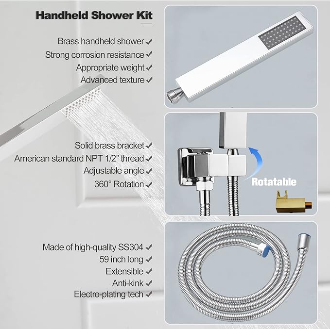 Shower Faucet Set Polished Chrome Surface Large 12 Inch Shower Head Handheld Shower Combo Set High Pressure Recessed Wall Mount, Chrome