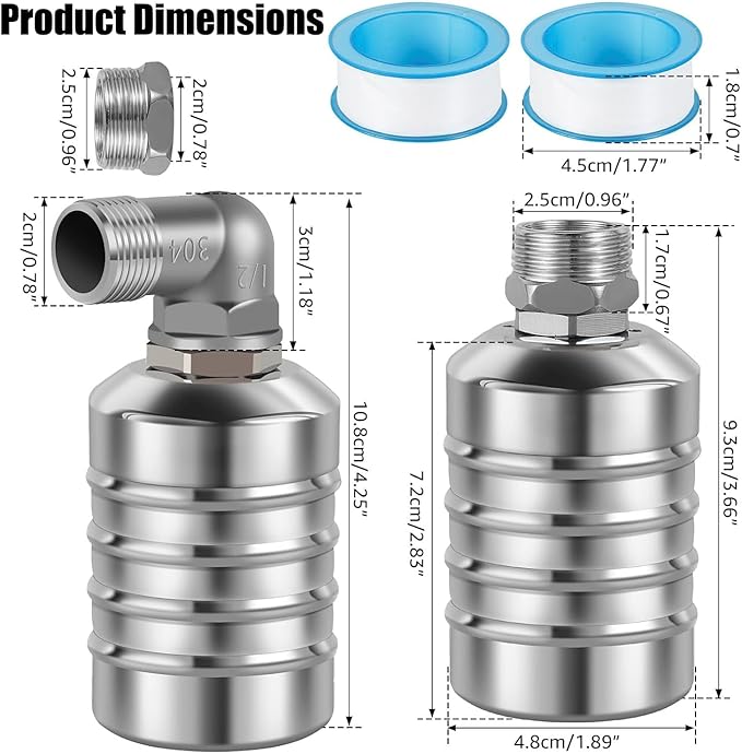 JUXILPP 6pcs 304 Stainless Steel Automatic Float Valve 1/2" and 3/4" Connection Types Precise Control Water Level Controller Water Level Control Float Valve for Sink for Water Tank Livestock Troughs