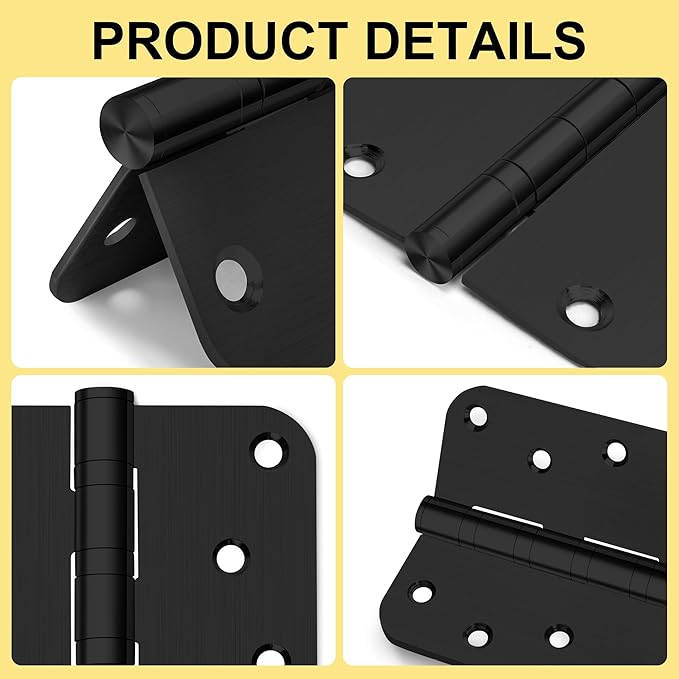 6 Pack 4" Heavy Duty Door Hinges with 5/8'' Radius Corner, 4in x 4in Stainless Steel Door Hinges for Exterior & Interior Doors, Smooth and Quiet (Black)