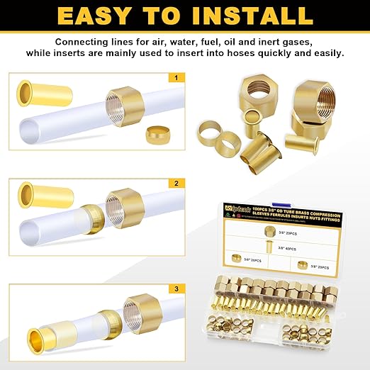 Siptenk 3/8" Brass Compression Fittings Sleeves Ferrules Inserts Nuts Fittings, 100PCS Brass Ferrule Tubing Insert Kit for DOT Air Brake Line Fittings