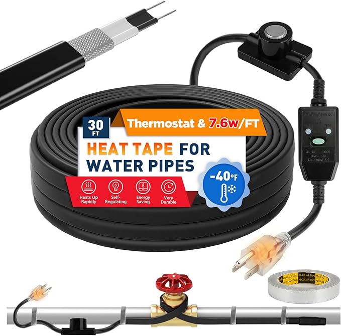 3~100FT Heat Tape for Water Pipes, UL & ETL Certified 30 FT Self-Regulating Pipe Heating Cable with Thermostat for Pipe Freeze Protection, Waterproof Heat Tape for Metal and Plastic Pipes,Black