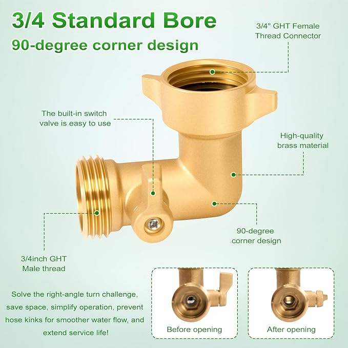 Garden Hose 90 Degree Elbow, with Shut Off Valves 3/4 Inch Solid Brass RV Water Hose Connector Fittings Adapter, Includes Washers for RV Hookups & Outdoor Faucets, 2 Pack