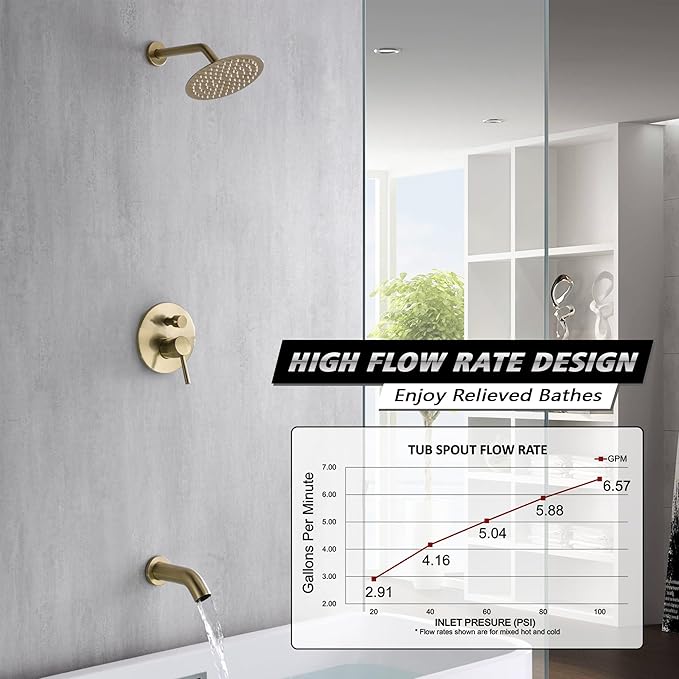 sumerain Shower and Tub Faucet Set Brushed Gold Rain Shower Faucet with Tub Spout, 8" Shower Head, High Flow