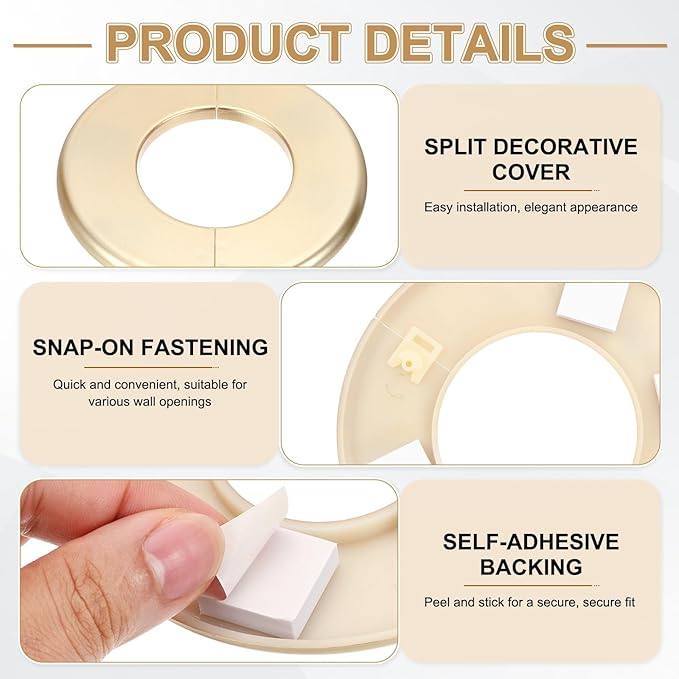 PATIKIL Wall Split Flange 130mm / 5.1" OD, 4 Pcs Round Escutcheon Plate Cover PPR Plumbing Cover Plates with Self-Adhesive Tape for 64mm / 2.5" Dia Water Pipe Faucet, Gold