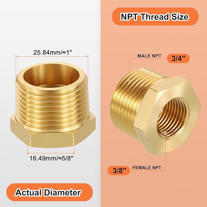 3 Pack Male to FeMale Adapters, 3/4" Male NPT x 3/8" FeMale NPT Brass Hex Bushing Reducer for Industrial, Automotive, Fluid Transfer, Home Gardening, Water Treatment