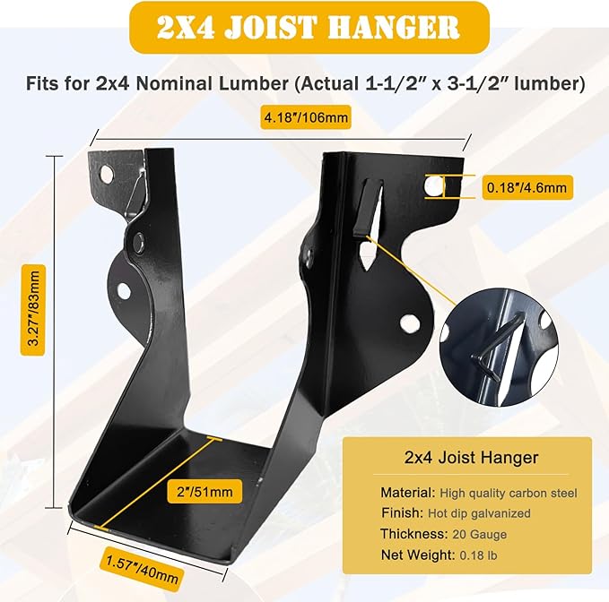 [20 Pack] 2x4 Joist Hanger, 18 Gauge LU24 Black Anti-Corrosion Coating Face Mount Joist Hangers, Wood Hurricane Ties, Rafters Tie(LU24,20pcs, Black)