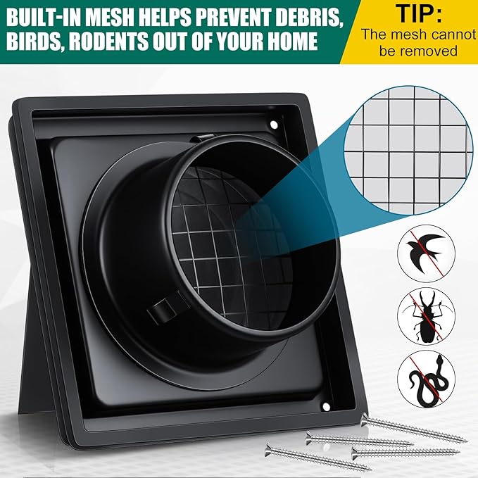 Gisafai 4" Outside Dryer Vent Cover for Exterior Walls Exhaust Vent Cap with Removable Extension Pipe Stainless Steel Hood Cushioned Non Return Flap with Sealing Gasket Grille Screen