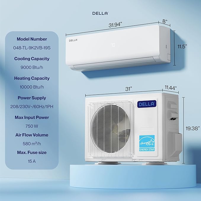 DELLA Vario Series 9000 BTU Mini Split Air Conditioner,Work with Alexa and Wifi, 230V 20 SEER2, Energy Star, Cools Up to 400 Sq.Ft, Ductless Inverter System,0.75 Ton Pre-Charged Heat Pump,16.4ft Kits