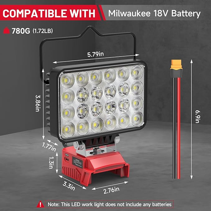 New Upgrade Azocek LED Work Light Compatible with Mil-wau-kee 18V Battery, 72W 7200LM Flashlight, 18V Battery Cordless Work Light with Low Voltage Protection & Dual USB & Type-C Charging Port (72W)