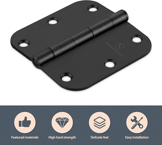 Door Hinges 3 1/2 Inch Matte Black 3.5 Inch Interior Hinges 5/8" Radius Round Door Hinge 3 1/2 Inch Iron Hinge 3 ½"x 3 ½" Door Hardware- 18 Pack