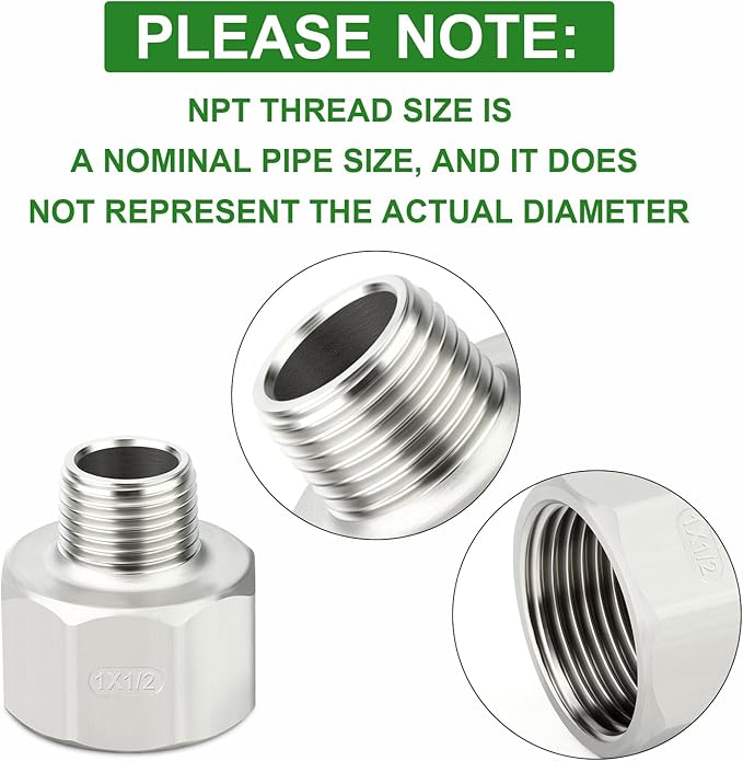 TAISHER 5PCS 304 Stainless Steel Pipe Fitting, Reducer Adapter, 1/2" NPT Male x 1" NPT Female, Reducing Pipe Adapter Fitting