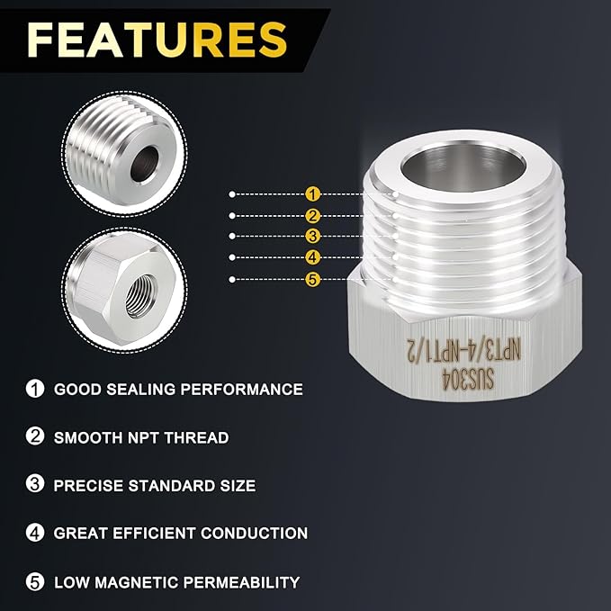 METALLIXITY 2PCS 3/4" Male NPT x 1/2" FeMale NPT Thread 304 Stainless Steel Hex Bushing Extension Tube Adapters Convert for Water Tub Spout/Shower