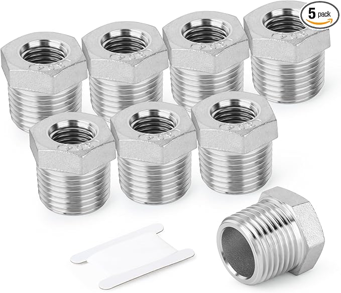 TAISHER 5PCS 304 Stainless Steel Reducer Hex Bushing, 3/4" NPT Male x 1/2" NPT Female, Reducing Pipe Adapter Fitting