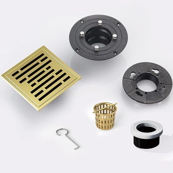 6 Inch Square Shower Floor Drain, Shower Drain Kit with Flange, Square Shower Drain, SUS 304 Stainless Steel Floor Drain,Brushed Gold