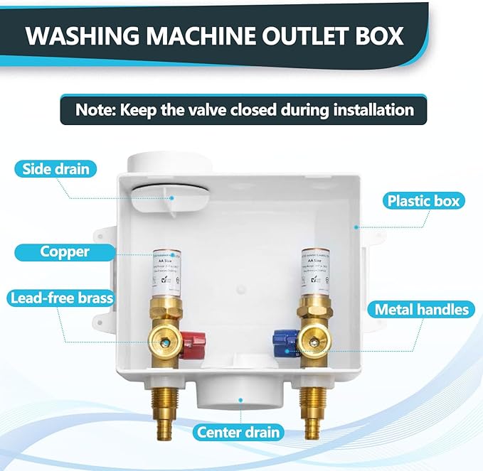 Washing Machine Outlet Box, Center Drain/Side Drain, 1/2 Inch Pex Crimp Inlet x 3/4 Inch MHT Outlet Connection, Laundry Washer Valve Outlet Box, with Copper Water Hammer Arrestor(WM012)