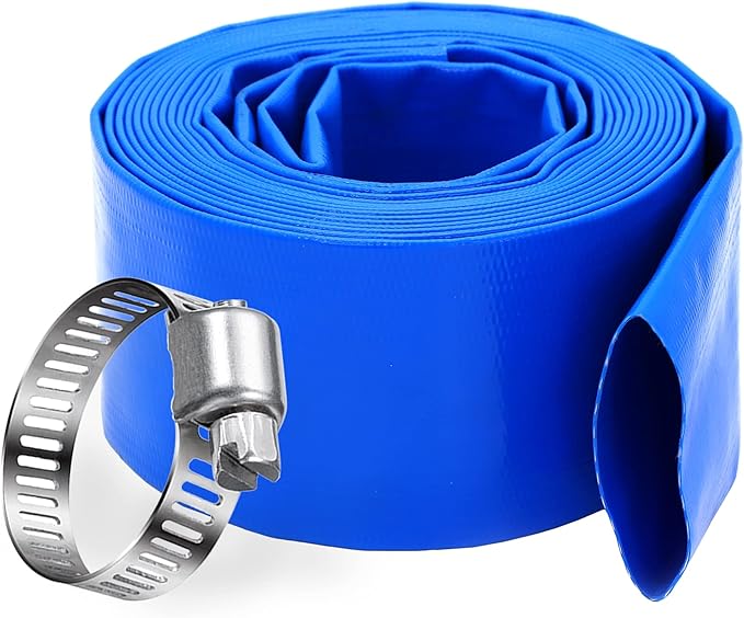 DAVCO 3" x 100 ft Pool Backwash Hose, 3” Diameter and 5” Flat Wide Heavy Duty Reinforced Blue PVC Lay Flat Water Discharge Pump Hoses For Swimming Drain Pools and Clean Filters,with 1 Clamp