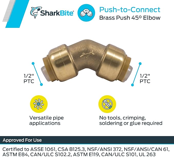 SharkBite 1/2 Inch 45 Degree Elbow, Pack of 6, Push to Connect Brass Plumbing Fitting, PEX Pipe, Copper, CPVC, PE-RT, HDPE, U648LF