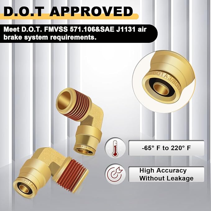 Siptenk 3/8" Elbow DOT Brass Push to Connect Air Line Fittings 5 PCS, 3/8" OD Tube x 3/8" NPT Thread Air Brake Line Quick Connect Fittings for Truck Trailers Industry Air System